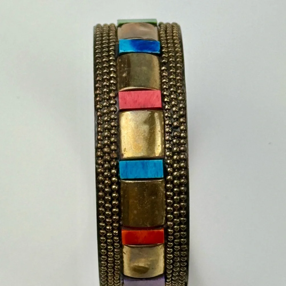 Unique Vintage 80s‎ - Early 90s Brass Colorful Beaded Thick Bangle Bracelet